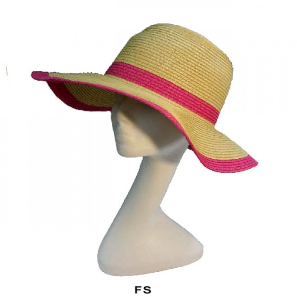 Wide Brim Paper Straw Hat w/ Color Band & Trim - Fuchsia - HT-6039FS